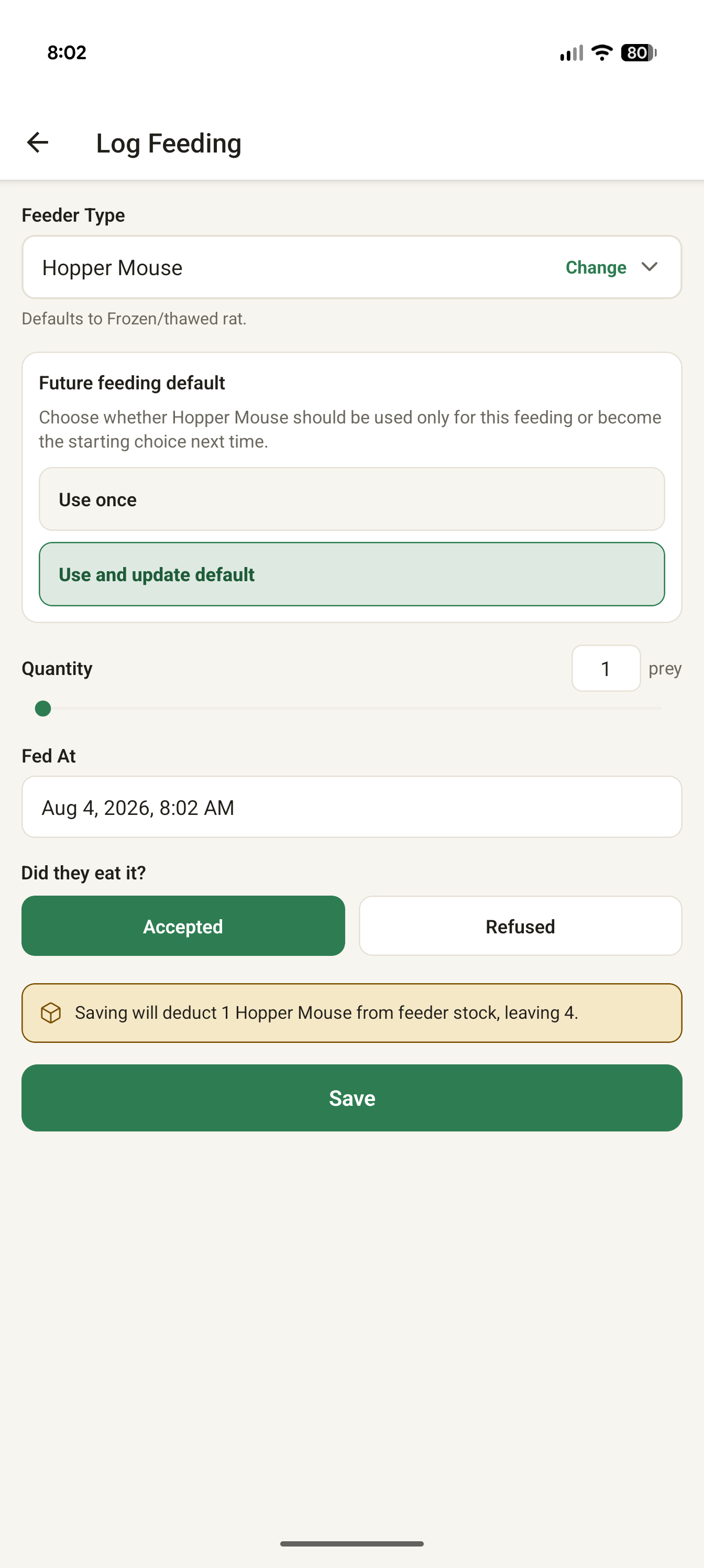 Herpository feeding log showing feeder selection, quantity, feeding date, accepted or refused status, and stock deduction