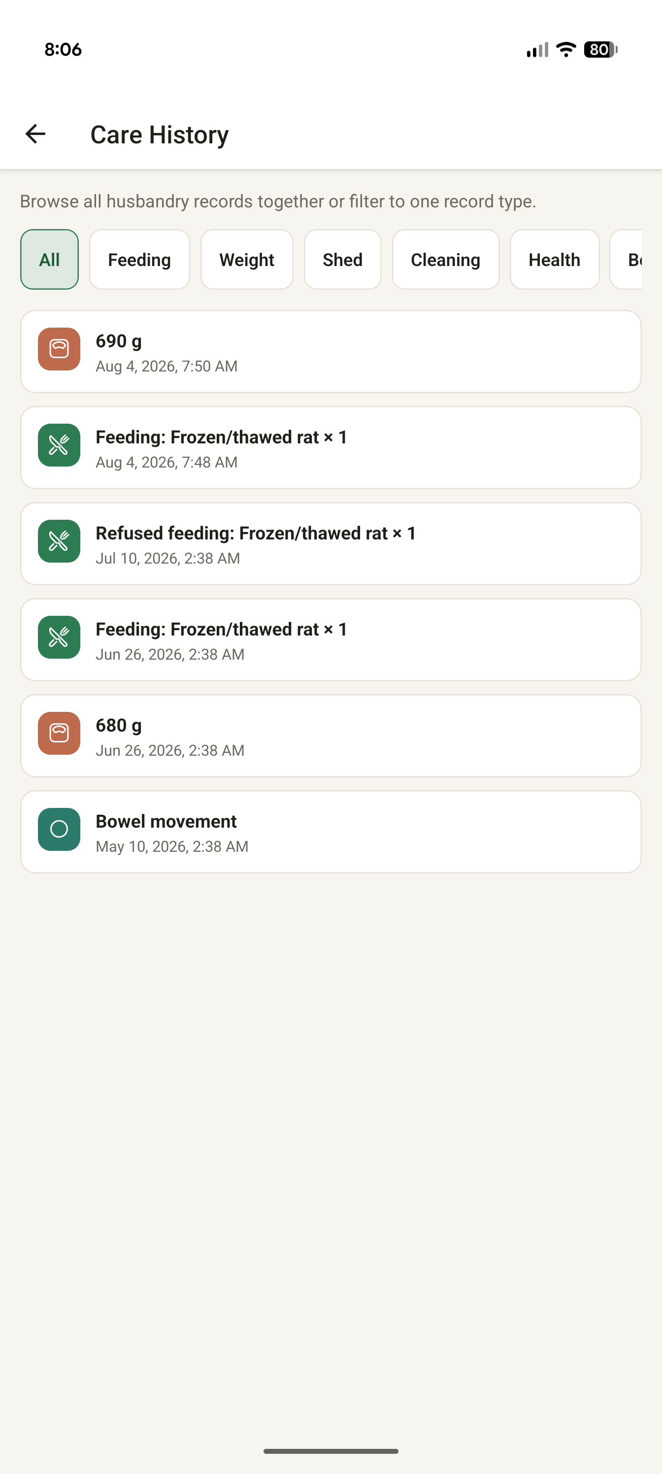 Herpository care history showing weight, feeding, and bowel records with filters